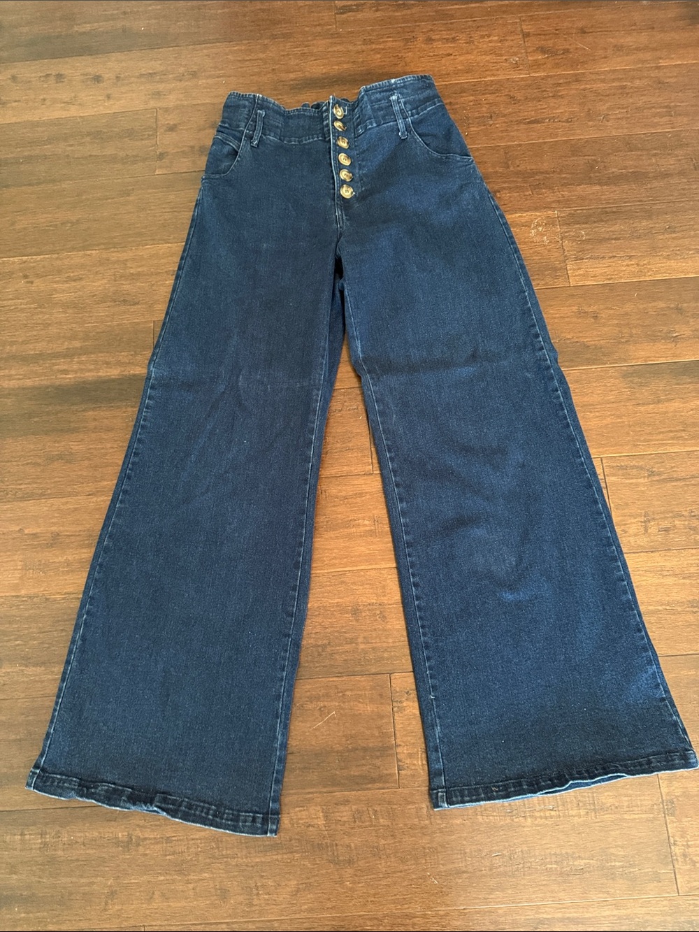 High-Rise Wide-Leg Jeans with Button-Fly in Dark Blue
